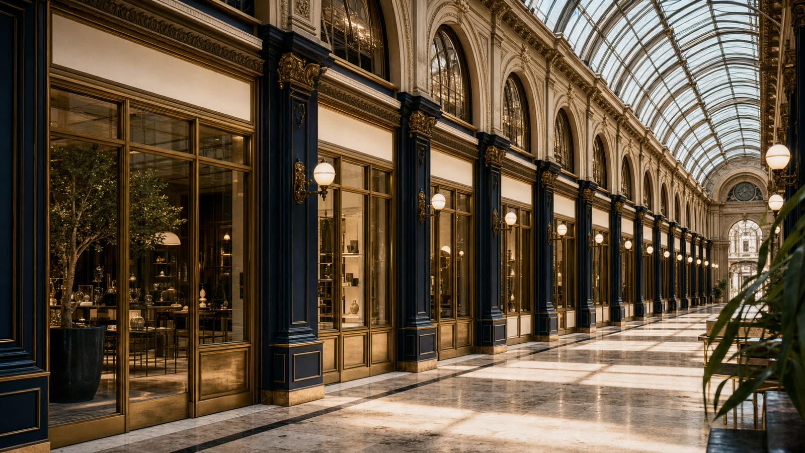 A grand arcade of storefronts under a vaulted glass roof in warm evening light